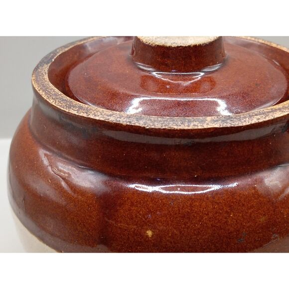 Antique Small Bean Pot Single Handle Stoneware Crock Brown Cream USA Crockery - Picture 13 of 15